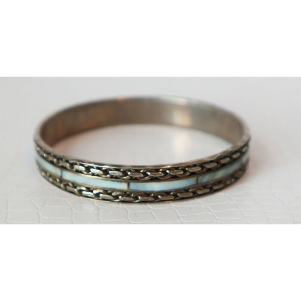 Vintage Silver Tone Bracelet With Mother Of Pearl Inlay & Intricate Chain Design